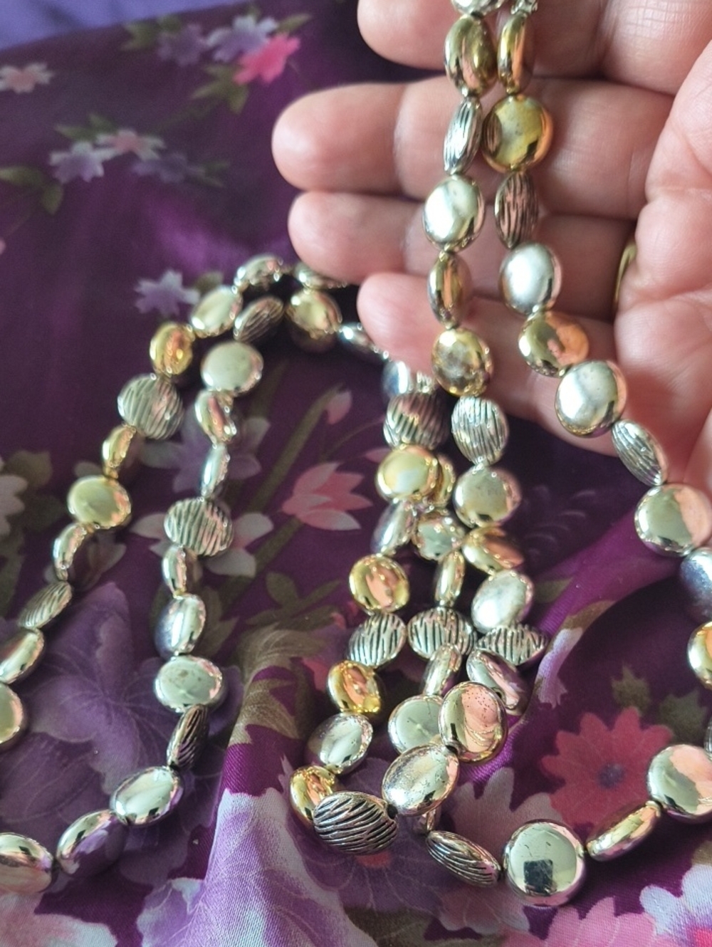 Two-tone Long Necklace With Smooth And Textured Beads Very Nice